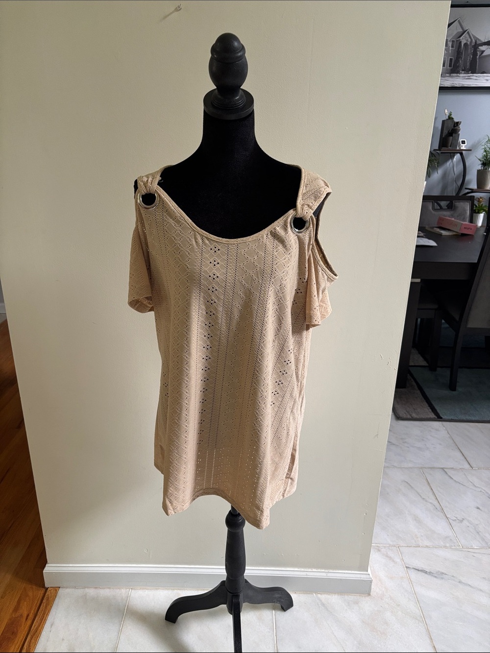 Beige Cold-Shoulder Top with Ring Detail